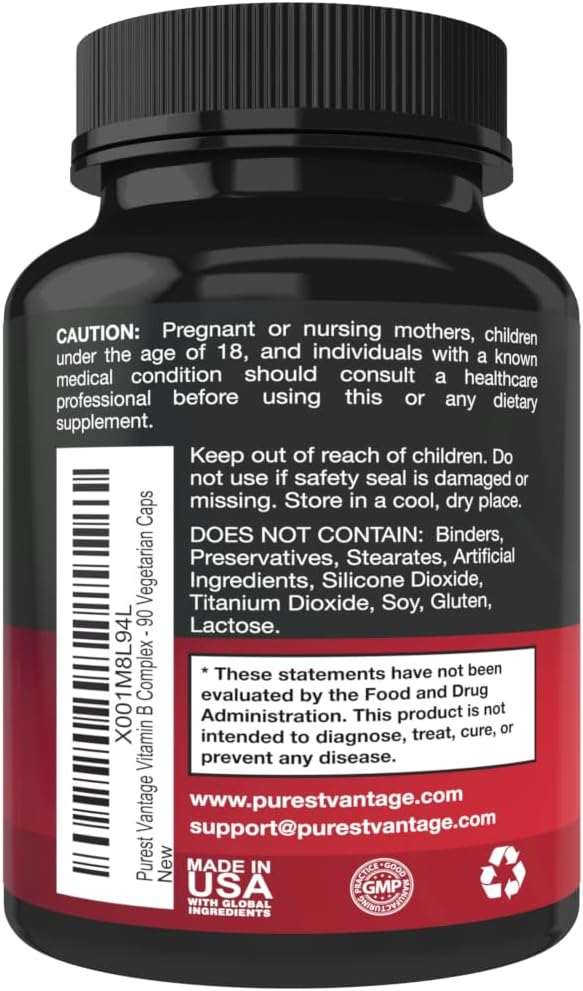 Purest Vantage Vitamin B Complex Vitamins B12, B1, B2, B3, B5, B6, B7, B9, Folic Acid - Super B Complex for Women, Men, Adults - 90 Cápsulas Vegetarianas