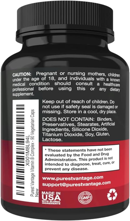 Purest Vantage Vitamin B Complex Vitamins B12, B1, B2, B3, B5, B6, B7, B9, Folic Acid - Super B Complex for Women, Men, – Image 3