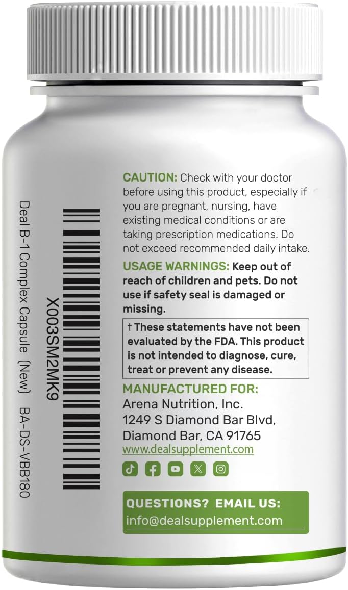 DEAL SUPPLEMENT Vitamina B1 500mg con Benfotiamina, 240 Cápsulas – Fórmula Mejorada 2 en 1