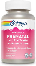 SOLARAY Daily Prenatal Multivitamin with DHA, Iron and Easy Morning - Whole Food Base - 90 Veg Capsules
