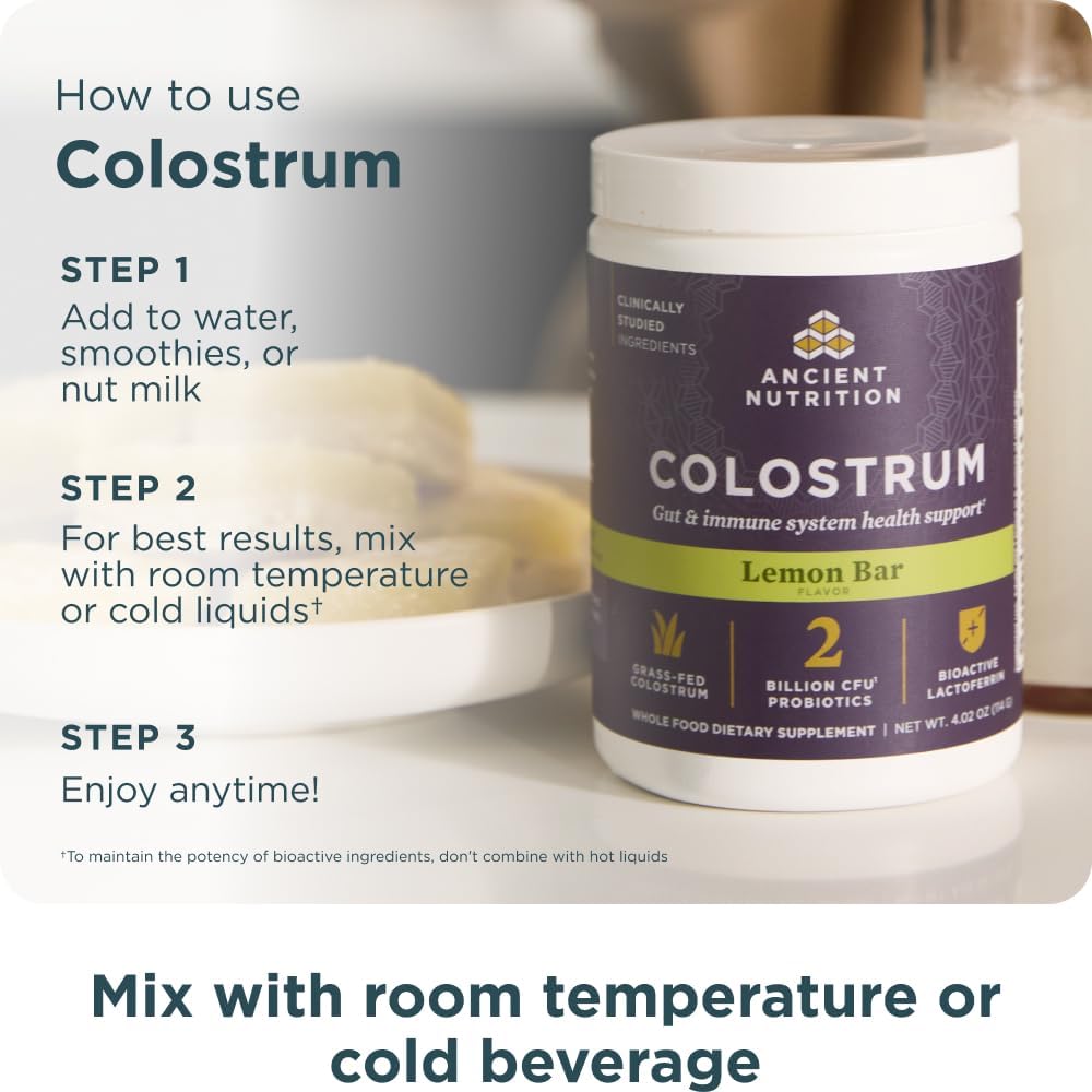 Ancient Nutrition Colostrum Superfood Powder, Calostro Bovino de Pasto, Lactoferrina y Probióticos, Sabor Limón, 60 Porciones