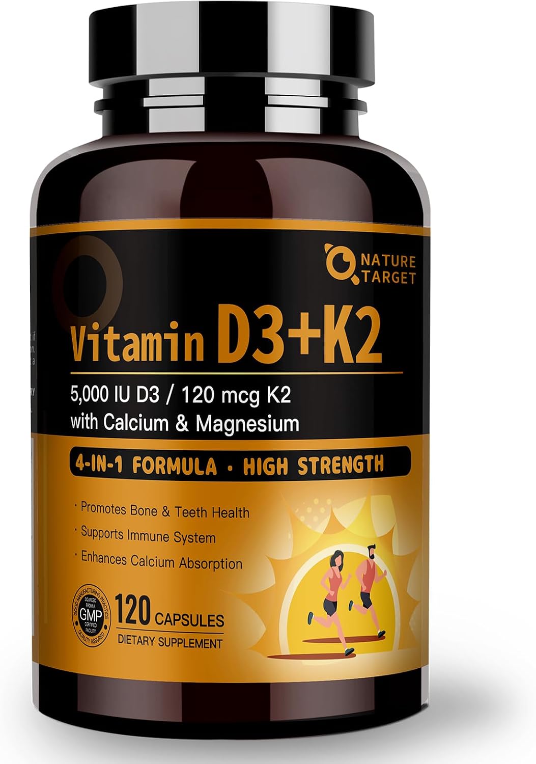 NATURE TARGET Vitamina D3 K2 con Calcio y Magnesio, 5000 UI D3 + 120 mcg K2, 120 comprimidos