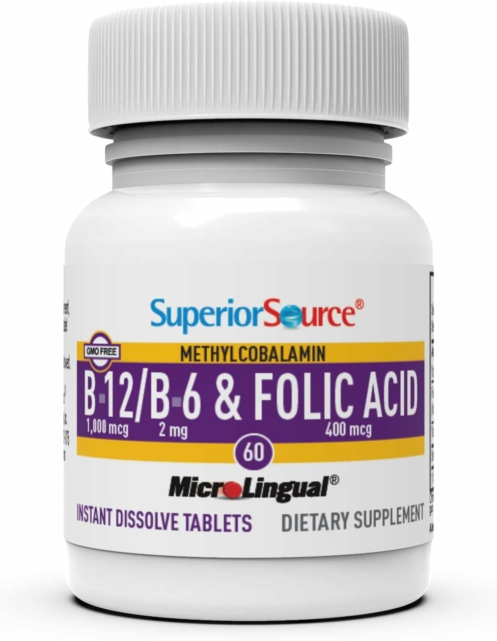 Superior Source No Shot Vitamina B12 Metilcobalamina 1000 mcg, B6 y Ácido Fólico - 60 Comprimidos Sublinguales