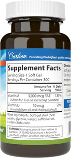 Carlson - Vitamina A y D3, 10000 UI (3000 mcg RAE) de Vitamina A, 400 UI (10 mcg) de Vitamina D3, 300 Cápsulas Blandas