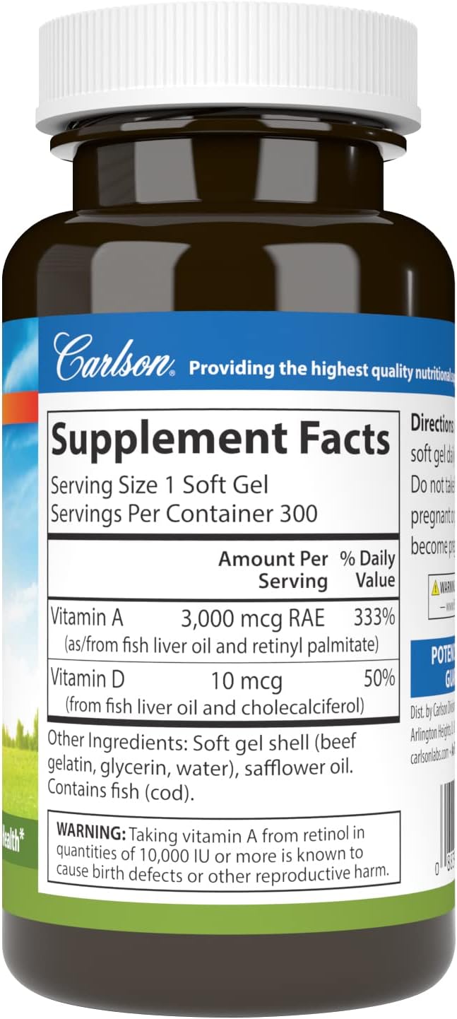 Carlson - Vitamina A y D3, 10000 UI (3000 mcg RAE) de Vitamina A, 400 UI (10 mcg) de Vitamina D3, 300 Cápsulas Blandas