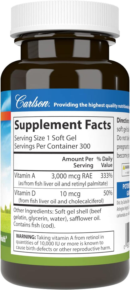 Carlson - Vitamina A y D3, 10000 UI (3000 mcg RAE) de Vitamina A, 400 UI (10 mcg) de Vitamina D3, 300 Cápsulas Blandas – Image 2