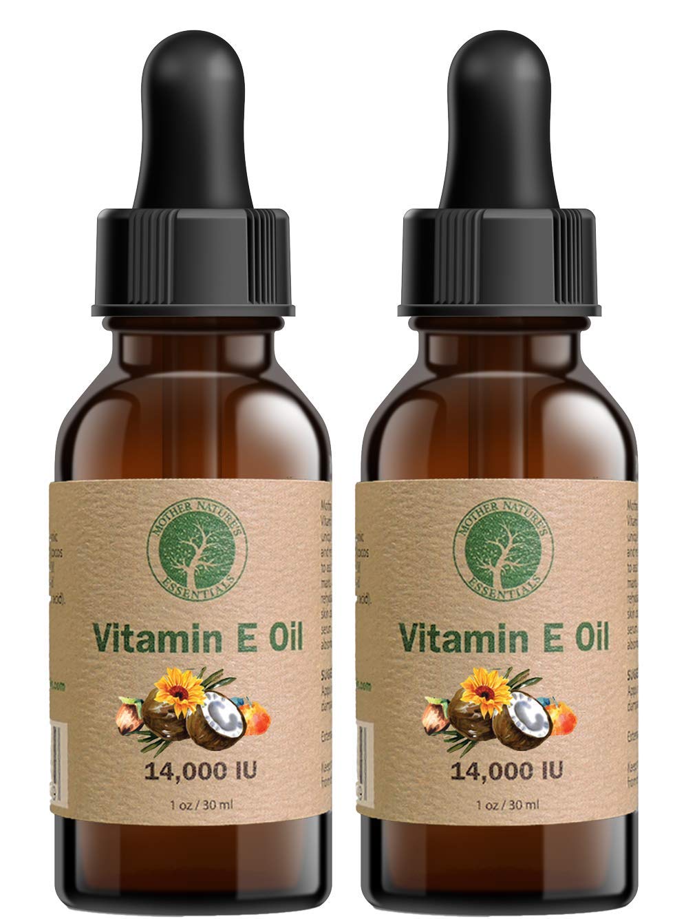 Mother Nature's Essentials Aceite de Vitamina E Orgánico 14.000 UI d-alfa-tocoferol, Aceite de Coco, Jojoba Orgánica y Vitamina C Natural - 2 Pack de 30 ml