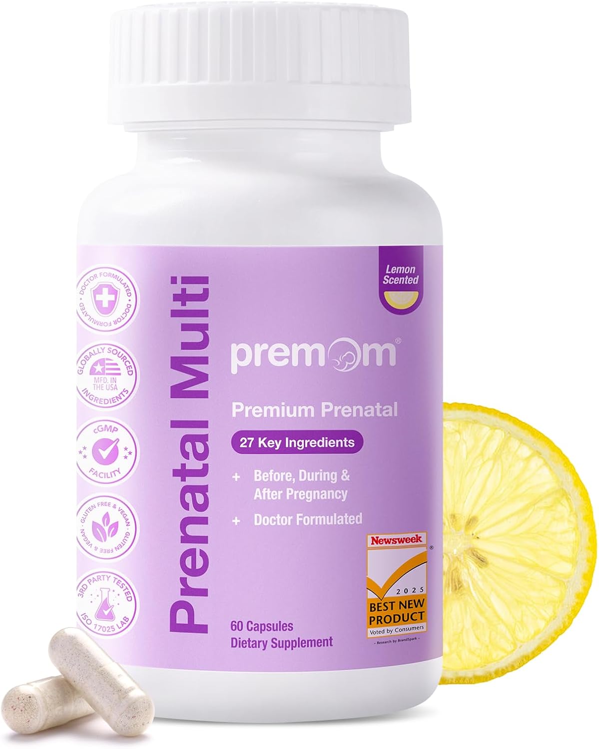 Premom Vitaminas Prenatales 27 en 1, 60 Cápsulas Veganas con 5-MTHF, Colina y Hierro