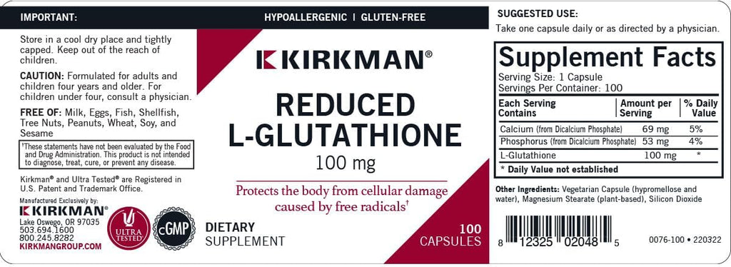 Kirkman Reduced L-Glutathione 100 mg - Hypoallergenic | 100 Vegetable Capsules | Antioxidant