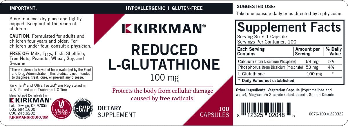 Kirkman Reduced L-Glutathione 100 mg - Hypoallergenic | 100 Vegetable Capsules | Antioxidant