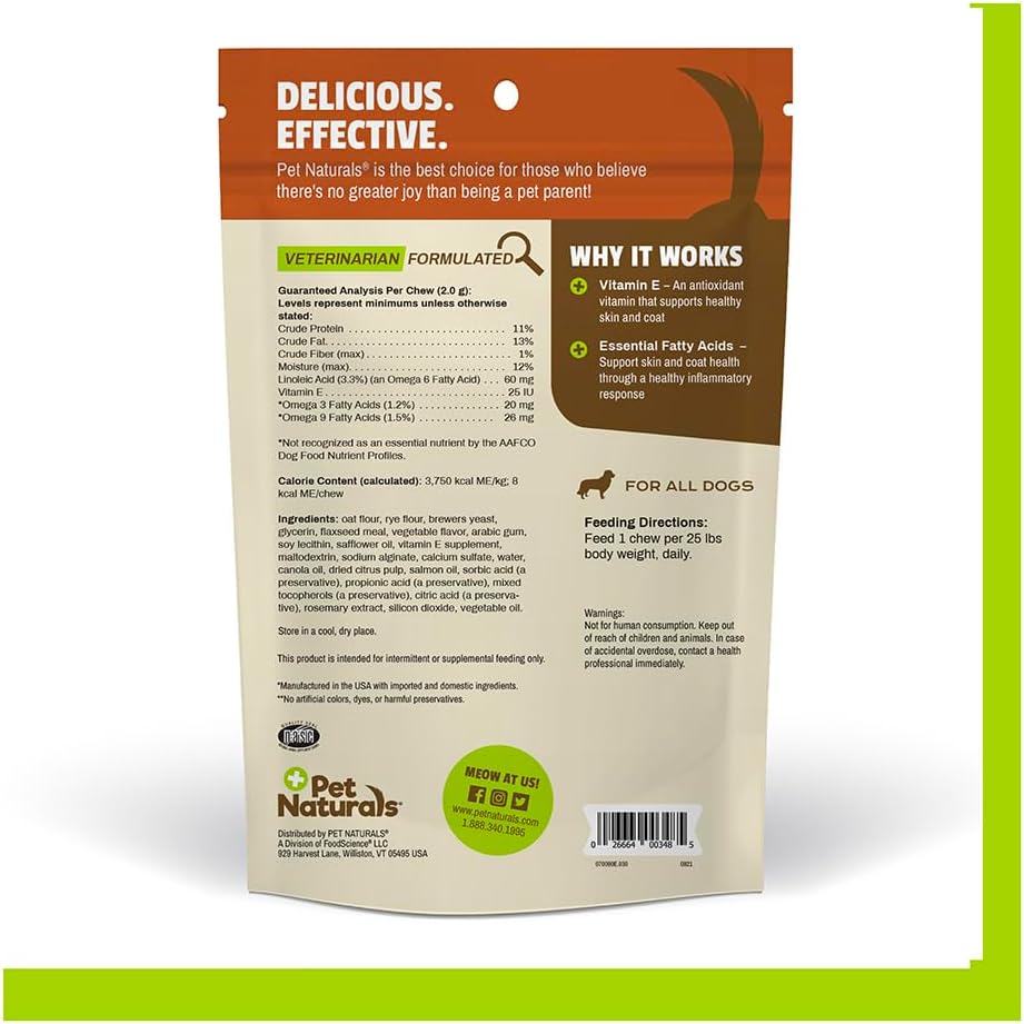 Pet Naturals Skin and Coat para Perros - Snack masticable con aceite de salmón y omega 3 - 30 unidades