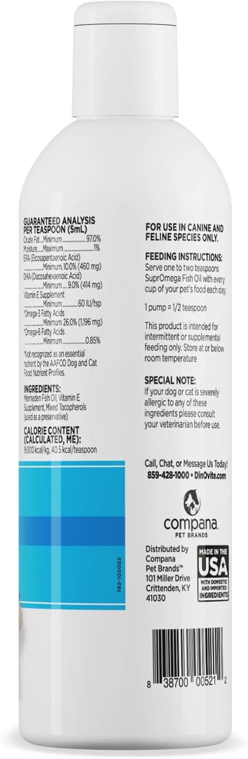 Dinovite SuprOmega Aceite de Pescado para Perros y Gatos - Vitamina E y Omega 3 - Salud de Piel y Pelaje - 227 g (8 oz)