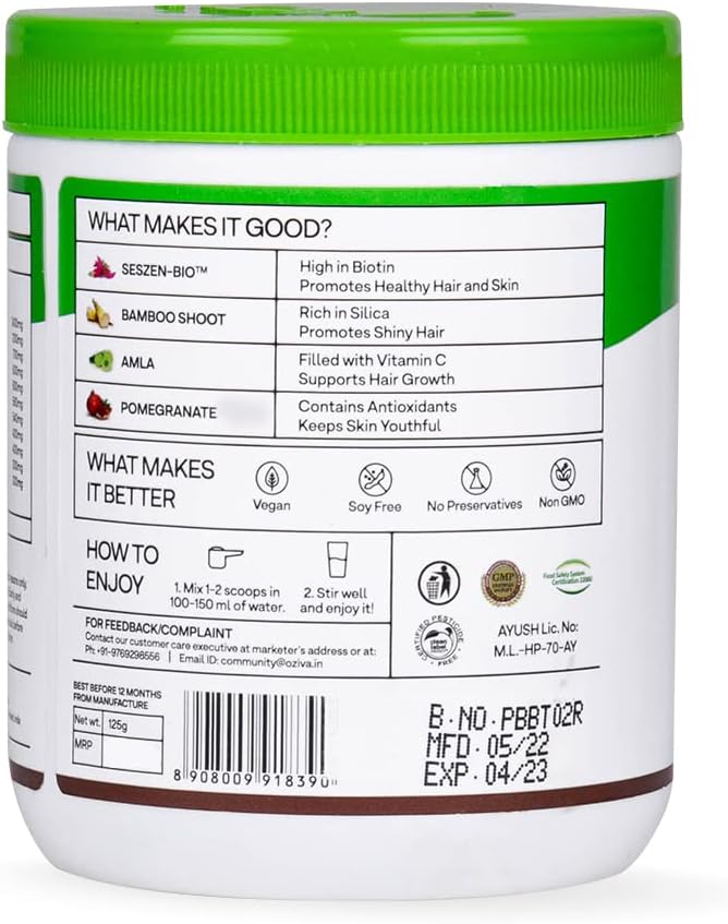 OZiva Polvo de Biotina de Origen Vegetal 10000 μg con Amla | 125 g