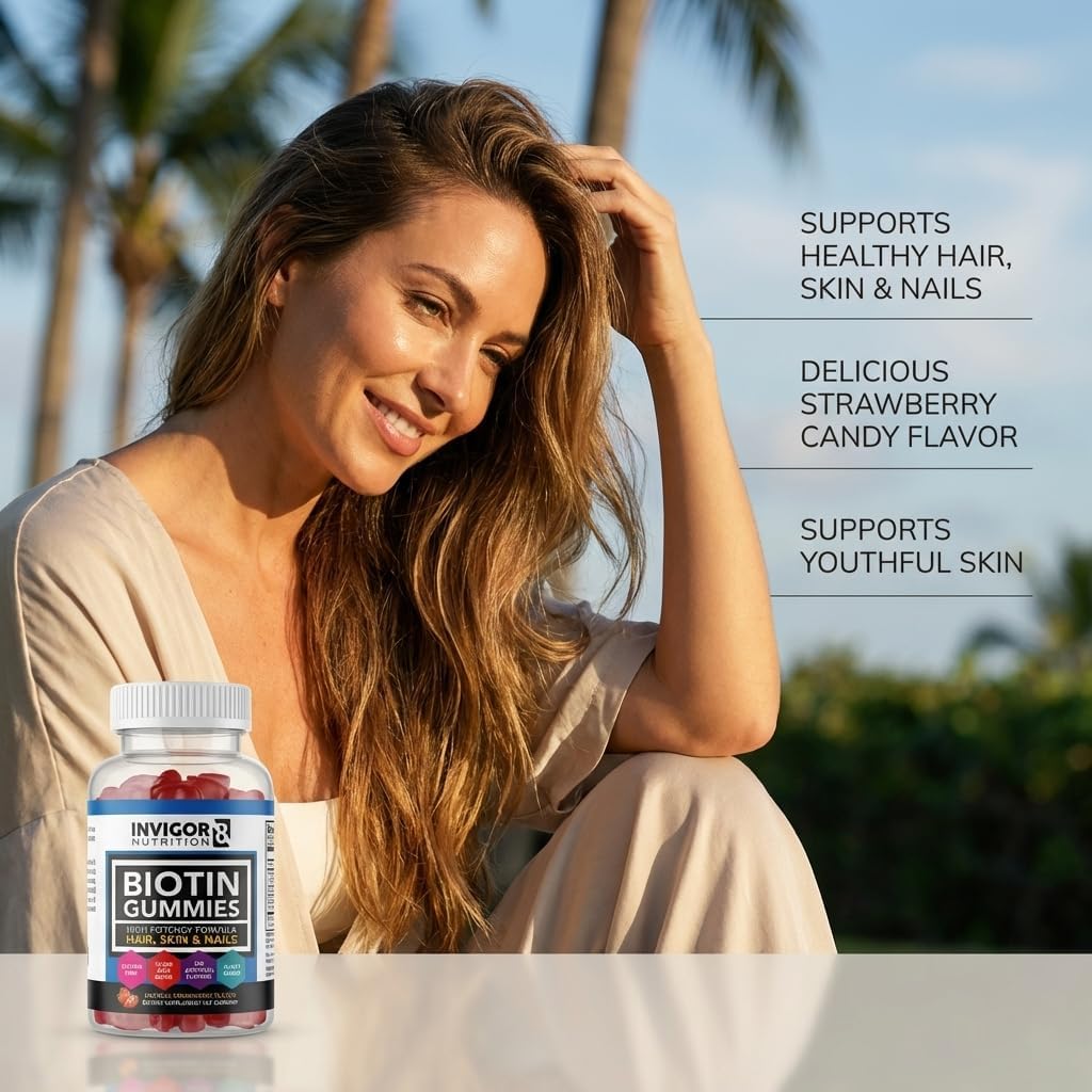 INVIGOR8 Biotin Gummies 10000mcg - Gominolas de Biotina para Cabello, Piel y Uñas - 60 Gominolas de Fresa - Vegano, Kosher, Halal