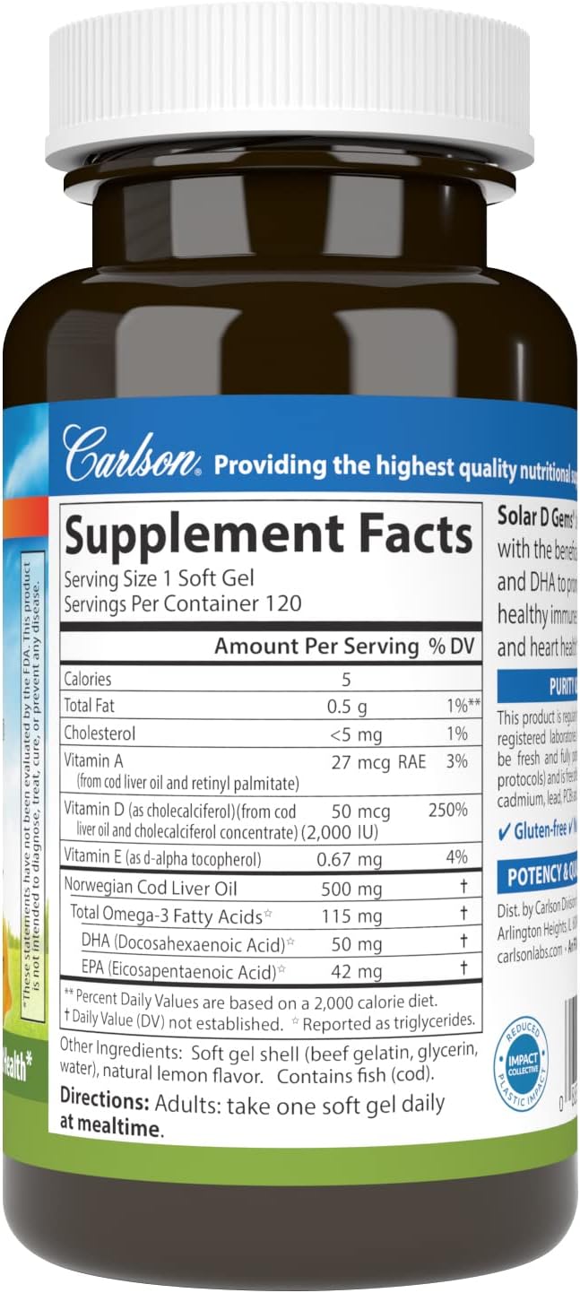 Carlson Labs Solar D Gems Vitamina D3 Natural 2000 UI – 120 Cápsulas Blandas