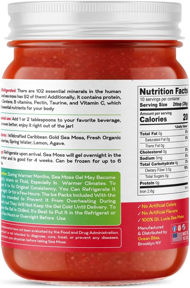 Sea Moss Gel Silvestre con Fresa Orgánica | 92+ Vitaminas y Minerales | Vegano, Sin Gluten | Ocean Bliss - 473 ml