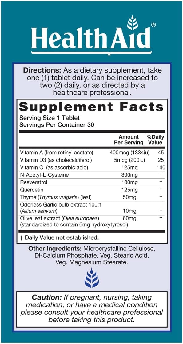 HealthAid LungForte 30 Comprimidos – Apoyo Pulmonar Antioxidante con NAC, Resveratrol, Aceite de Oliva, Tomillo y Vitaminas A, C y D3