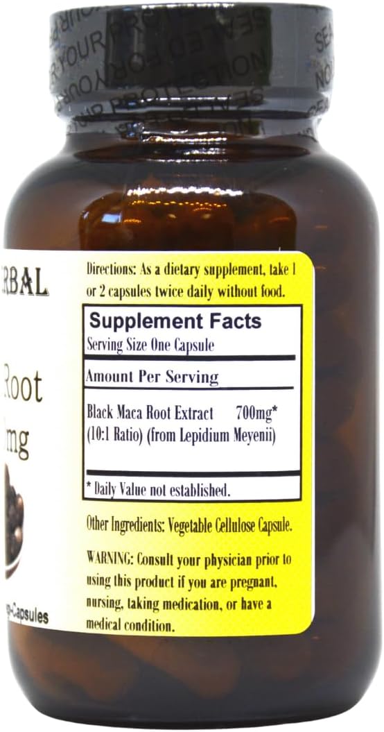 Barlowe's Herbal Elixirs Black Maca | Extracto de Raíz de Maca Peruana | 700 mg por Cápsula | 60 Cápsulas Vegetales (Vegano, Kosher, Halal) | Envase de Vidrio | Probado por Terceros