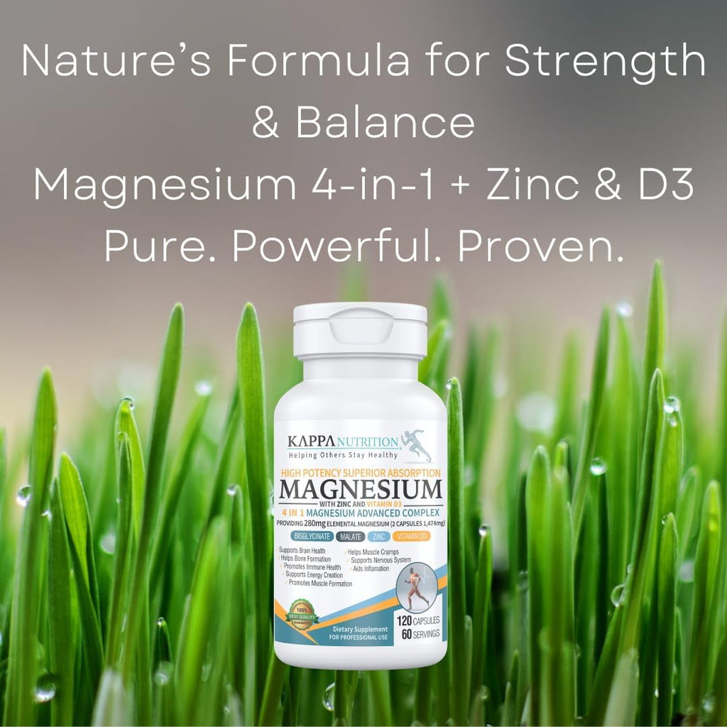 Kappa Nutrition Magnesio 4-en-1, 280mg Magnesio Elemental (Bisglicinato, Malato) + Zinc y Vitamina D3, 120 Cápsulas Veganas