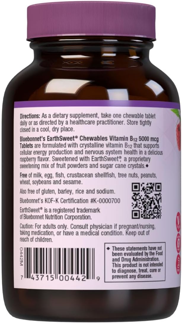Bluebonnet Vitamin B12 5000 mcg Raspberry Flavor Chewable – 60 Tablets