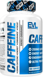EVLution Nutrition Cafeína – 200 mg por Dosis – 100 Comprimidos – Energía, Enfoque y Resistencia