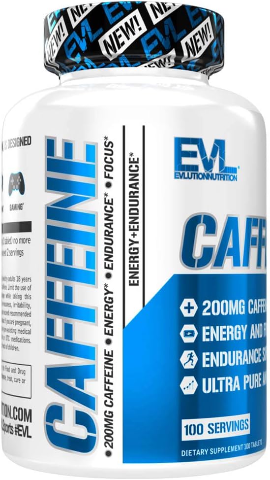 EVLution Nutrition Cafeína – 200 mg por Dosis – 100 Comprimidos – Energía, Enfoque y Resistencia