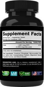 Vitabod Ácido Fólico 1 mg (1000 mcg) - 500 Comprimidos Veganos