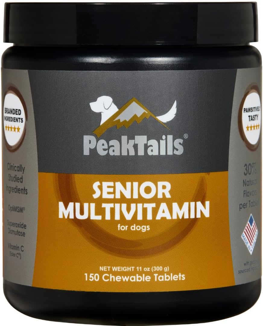 PeakTails Senior Multivitamin para Perros – 350 Comprimidos Masticables con MSM y Superóxido Dismutasa