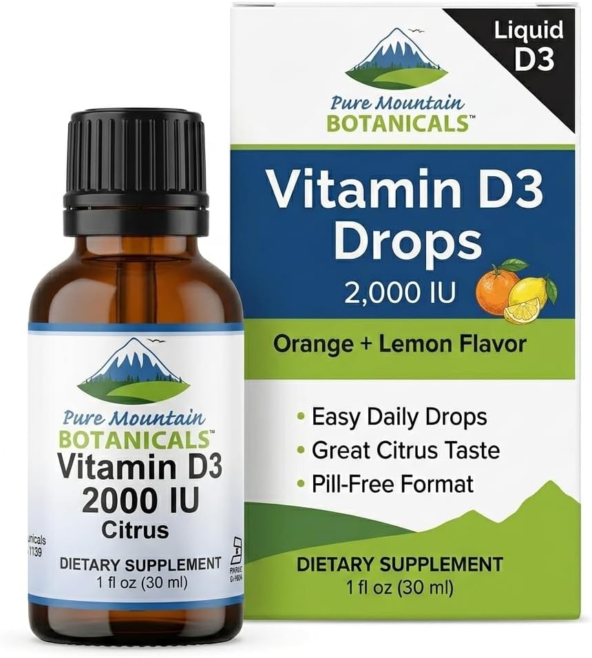Pure Mountain Botanicals Vitamina D3 Líquida 2000 UI - Gotas con Sabor Natural a Naranja y Limón en Aceite MCT - 30 ml