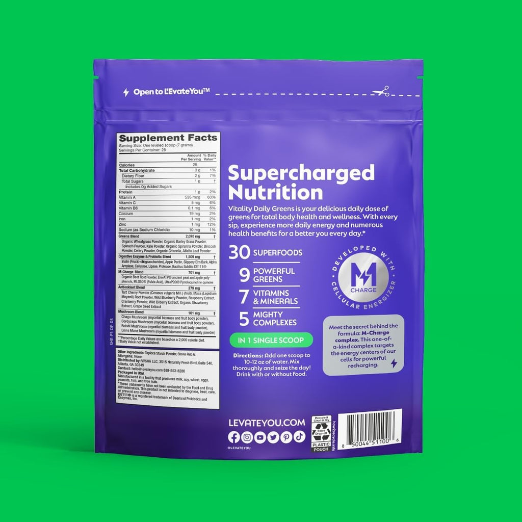 L'Evate You Vitality Daily Greens - Polvo Verde de Superalimentos (28 porciones)