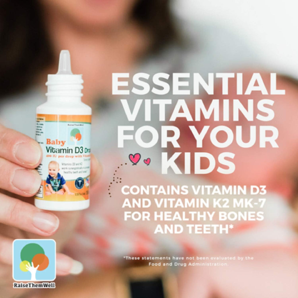 Raise Them Well - Vitamin D3 and K2 Drops for Bones and Teeth, 365 Servings, 10 ml