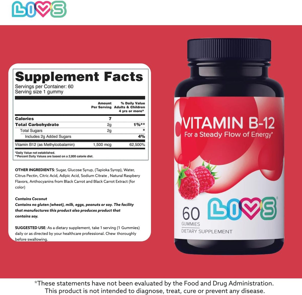 LIVS Vitamina B12 Gummies - 1500 mcg de Metilcobalamina Vegana - Suplemento para Energía, Metabolismo y Nervios - 60 Gominolas Sabor Frambuesa