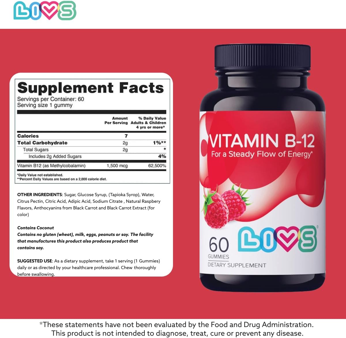 LIVS Gominolas de Vitamina B12 - Metilcobalamina 1500 mcg - Energía y Metabolismo - Sabor Frambuesa - 120 Unidades