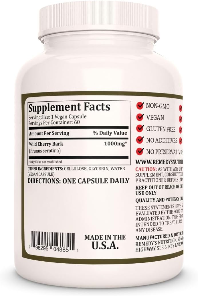Corteza de Cerezo Silvestre (Wild Cherry Bark) | 1000 mg, 60 Cápsulas Veganas | Suplemento Herbal