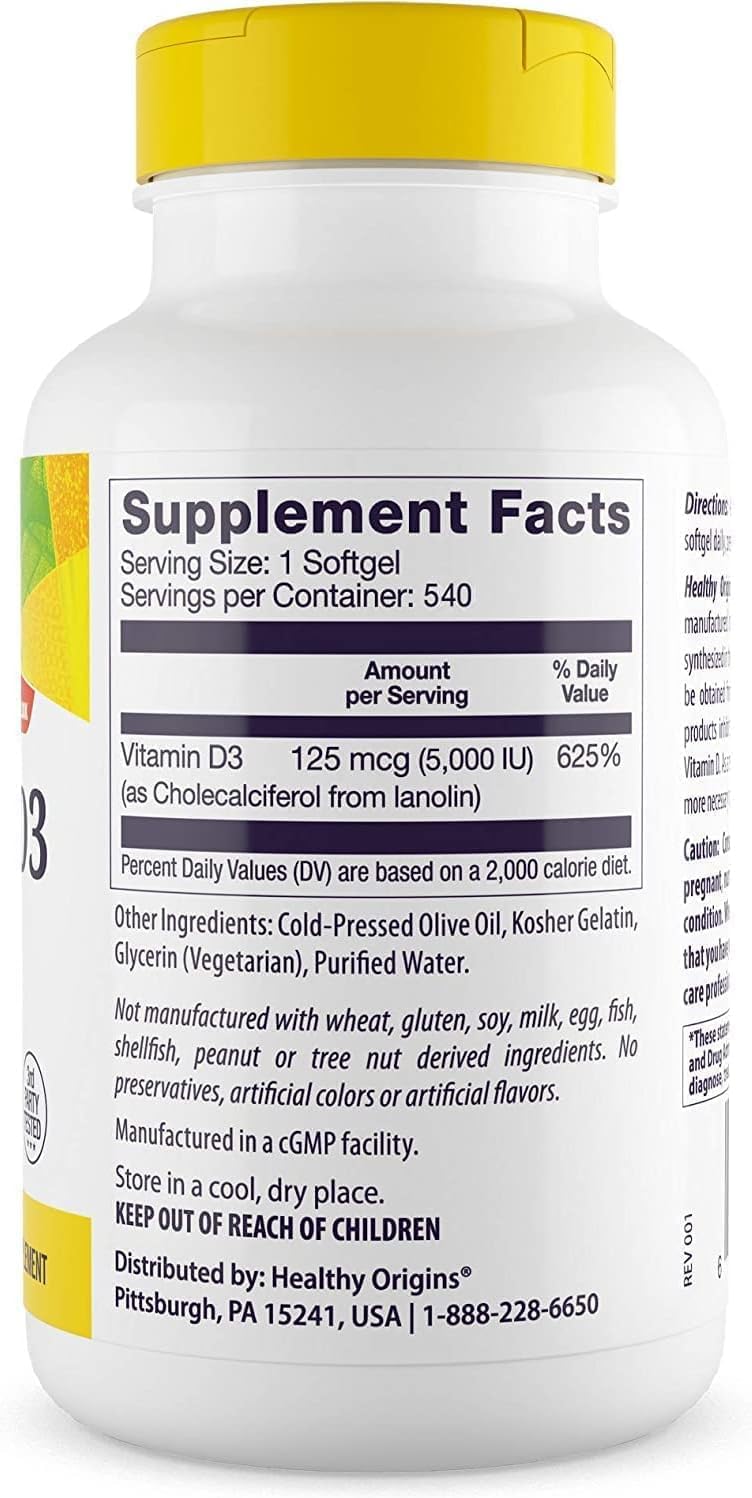 Healthy Origins Vitamina D3 (Lanolina) 5.000 UI - 540 Softgels