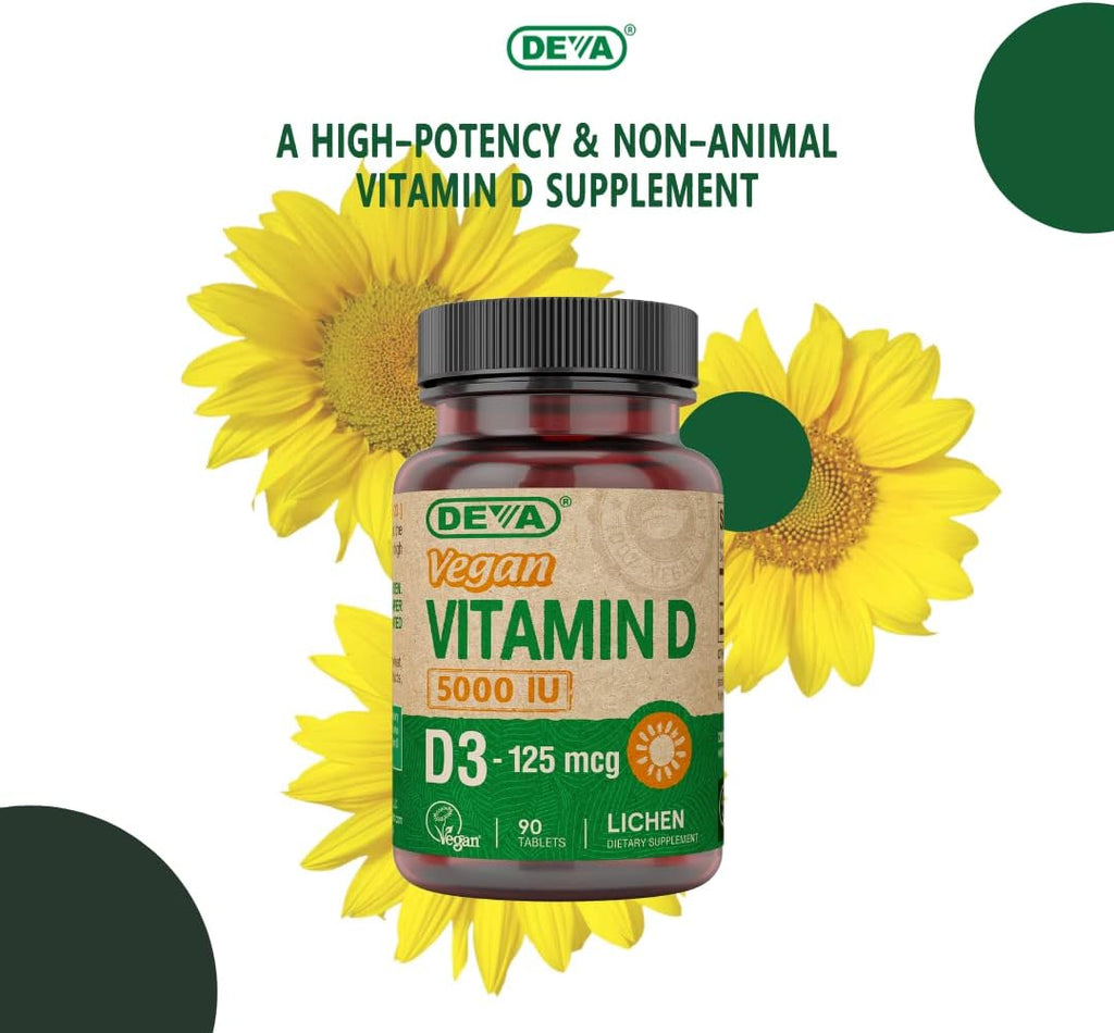 DEVA Vitamina D3 5000 UI - Suplemento Vegano a partir de Liquen, 90 Comprimidos