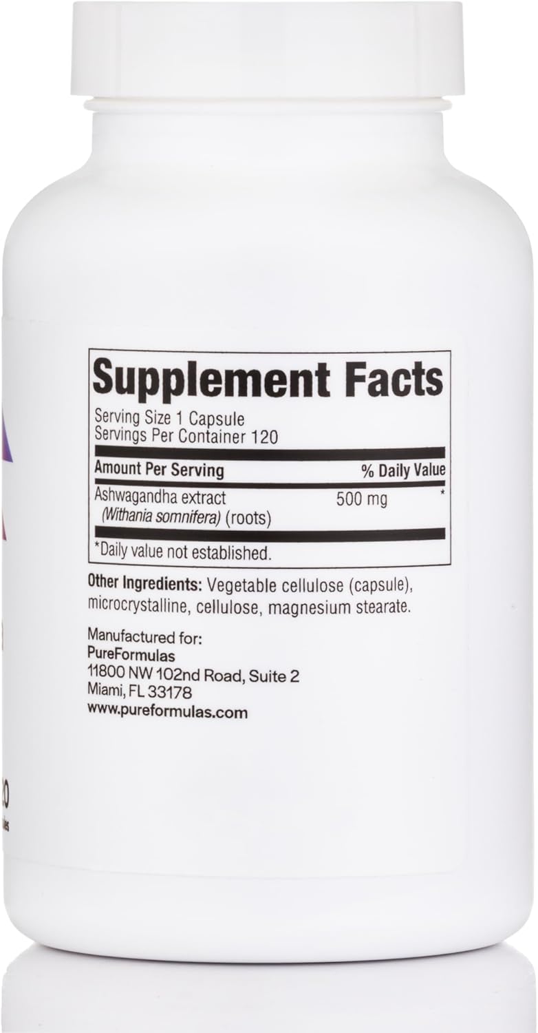 PureFormulas Ashwagandha 500 mg, 120 Cápsulas - Suplemento Adaptógeno