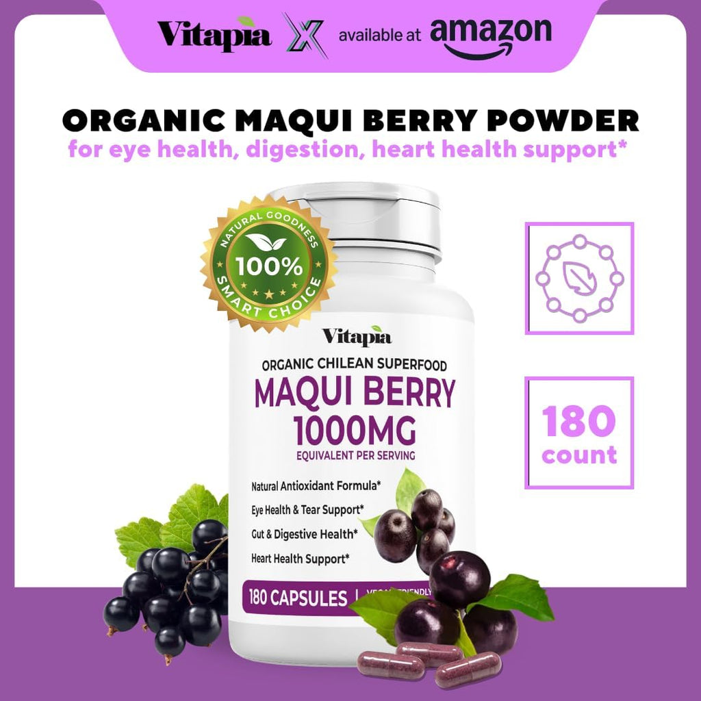Maqui Berry 1000mg - Suplemento en Polvo de Maqui Berry - Vegano, No OGM y Sin Gluten - 180 Cápsulas Vegetales