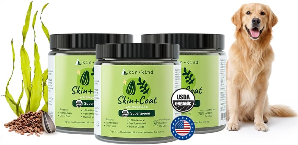 kin+kind Suplemento para la Piel y el Pelaje de Perros y Gatos – Vitaminas Naturales con Ingredientes Orgánicos – 3x8 oz