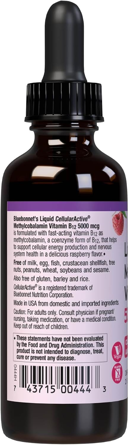 Bluebonnet Methylcobalamin Vitamin B12 5000 mcg Liquid Drops - Raspberry Flavor - 2 fl oz (59 ml)