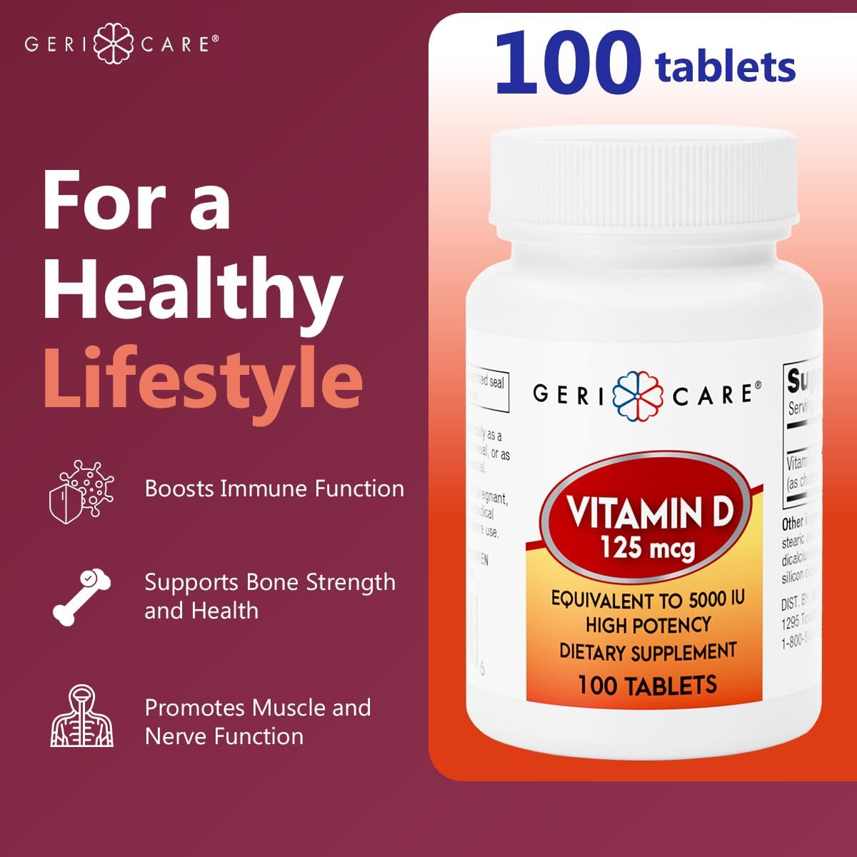 GeriCare Vitamina D3 125 mcg (5.000 UI) - 100 Comprimidos
