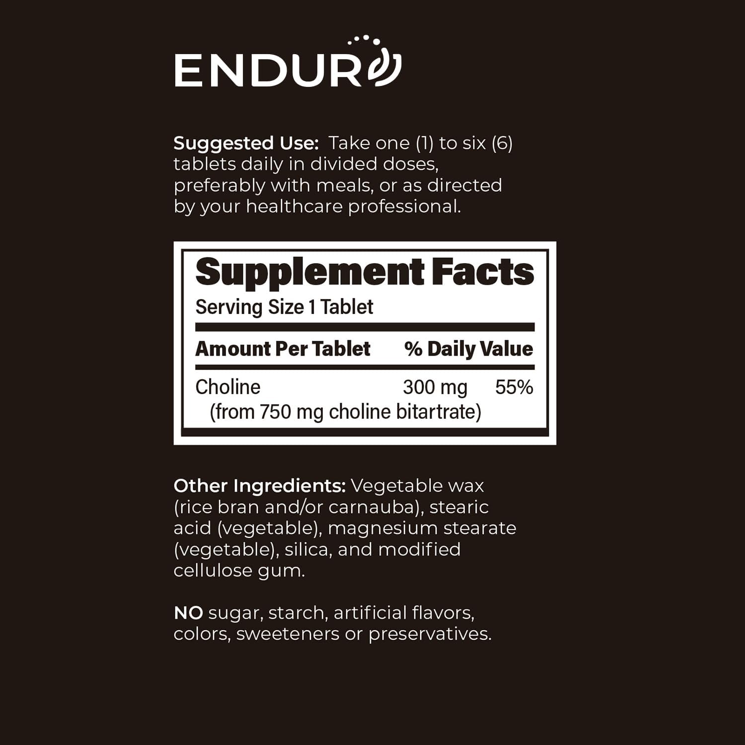 ENDUR Choline L(+) Bitartrate 300 mg Sustained Release - 200 Tablets