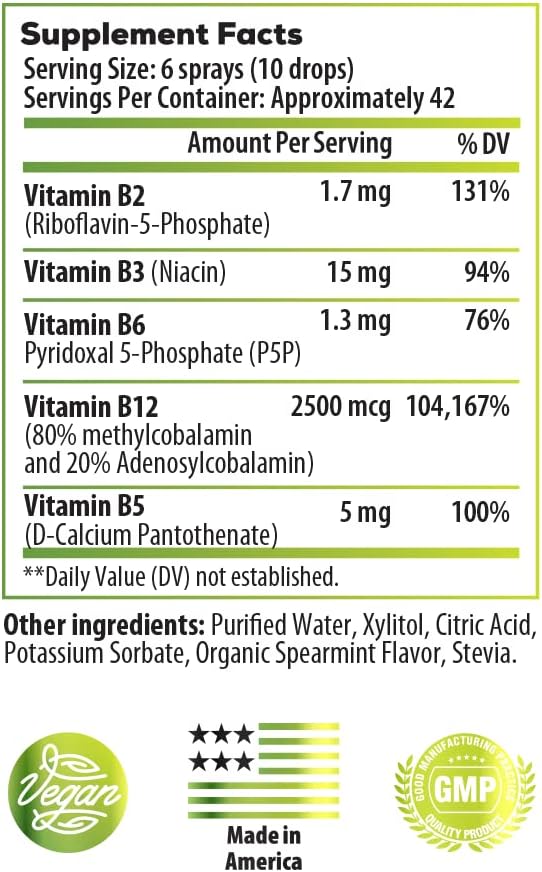 B-Bomb Vitamin B12 + B Complex Liquid Spray: Metilcobalamina con Adenosilcobalamina - Energía y Estado de Ánimo, Sin Azúcar, Vegano, Sabor Menta Orgánica