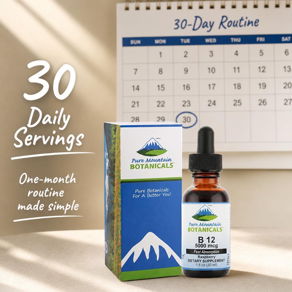 Pure Mountain Botanicals Vitamina B12 5000 mcg Gotas Líquidas – Sabor Natural a Bayas – 30 Dosis