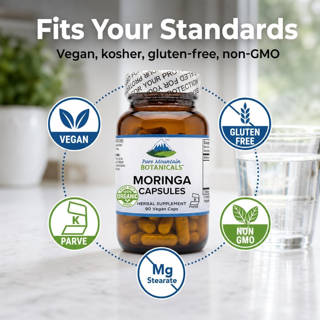 Pure Mountain Botanicals Moringa en Cápsulas - 1000mg Orgánico por Ración - 90 Cápsulas - Vegano Kosher Sin Gluten