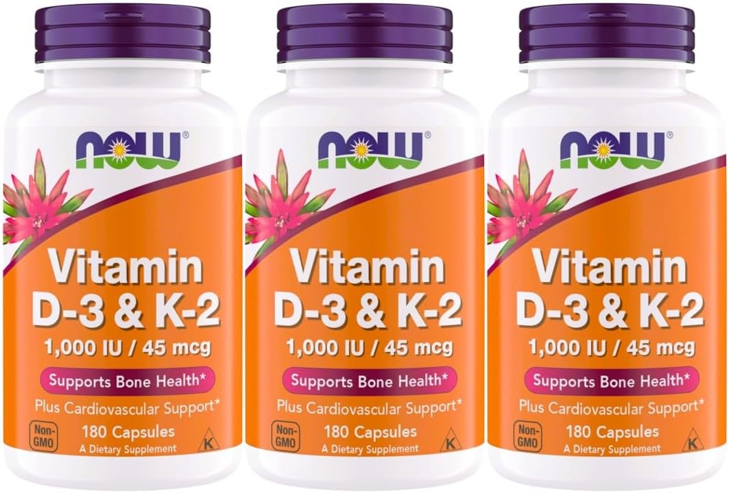 Now Foods Vitamina D3 y K2, 1000 UI / 45 mcg, 180 Cápsulas Vegetales