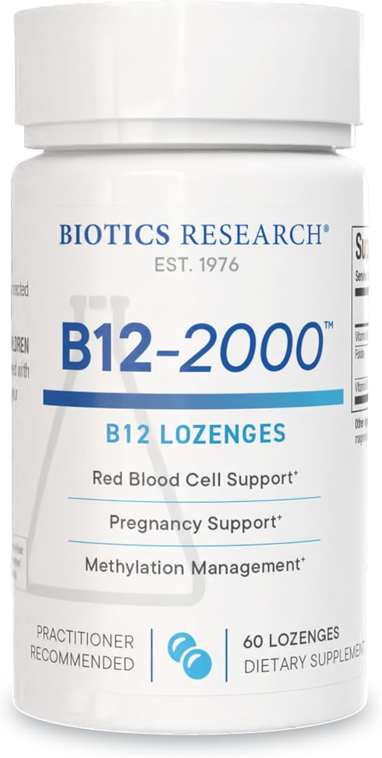 BIOTICS RESEARCH B12-2000™ Vitamina B12 2000 mcg, B6, Folato – Pastillas sublinguales, Apoyo a la metilación, Alta potencia, Sabor a bayas, 60 unidades