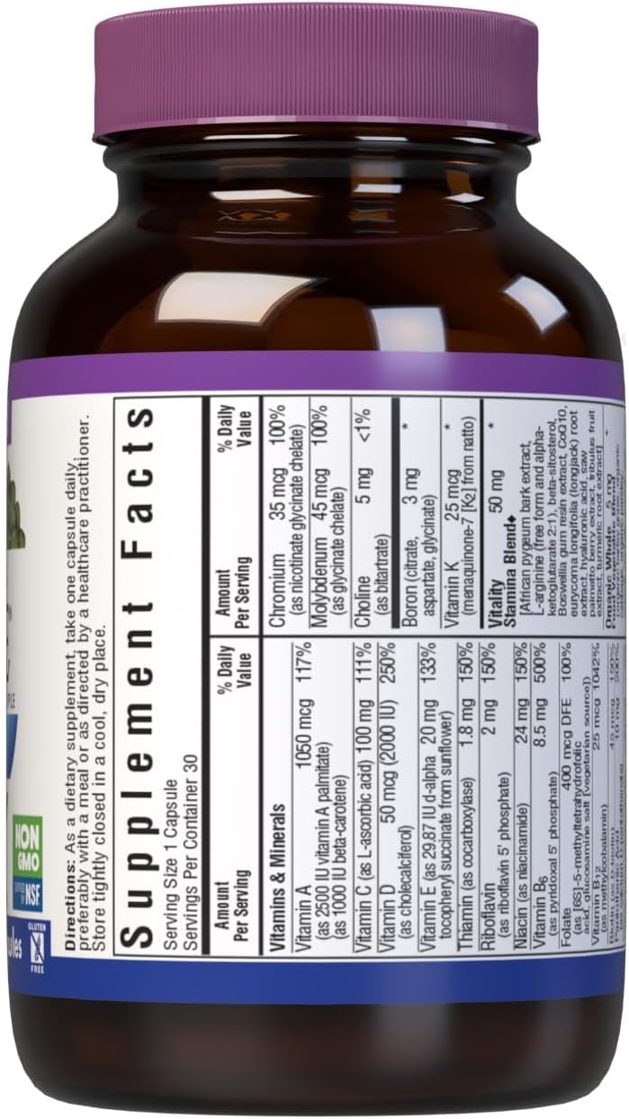 BlueBonnet Nutrition Men's ONE 40+ Multivitamínico para Hombres - Base de Alimentos Integrales, Sin Soja, No GMO, Sin Gluten, 30 Cápsulas Vegetales