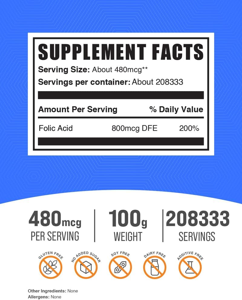 BulkSupplements Ácido Fólico en Polvo - 480 mcg por ración - 100 g