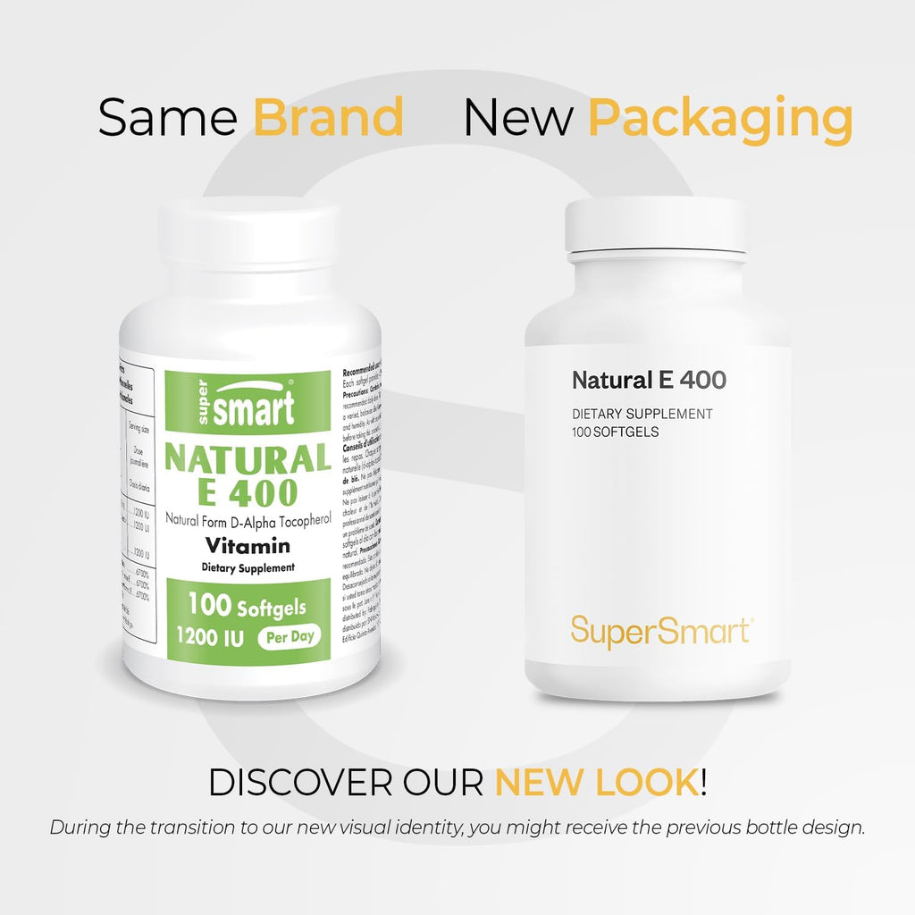 Supersmart Natural E 400 (D-Alfa Tocoferol) 1200 UI al día - Suplemento de Vitamina E de Alta Absorción | No OGM - 100 Cápsulas Blandas